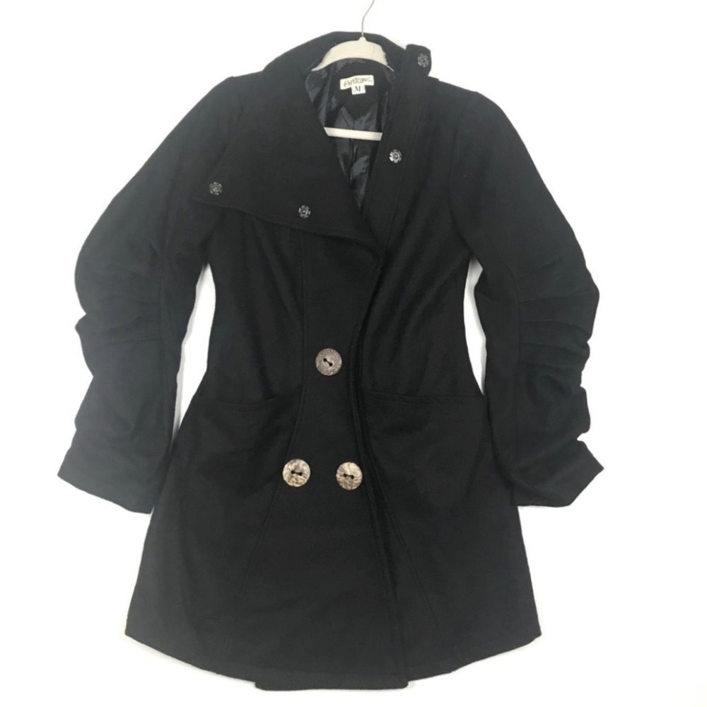 Artka Spring/Fall Black Trench Coat Wooden Buttons Sz S